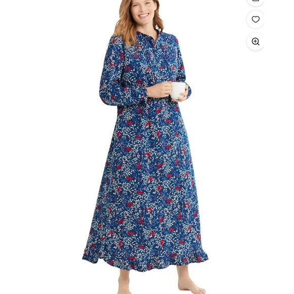 Only Necessities Blue Cardinal Bird Floral Flannel Sleep Gown 1X Tradwife Modest - Picture 1 of 14